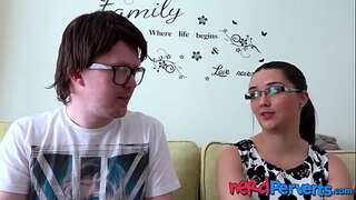 Nerdy gamer fellated skillfully by a cute honey