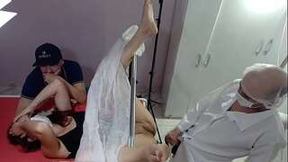 Husband, wife for examination and doctor is excited