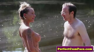 Busty female domination stroking stud outdoors for spunk