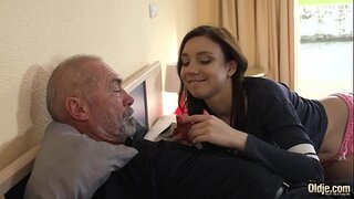 Kinky grandpa fucks youthful girl hard-core and she deep-throats his cock before swallowing the cumshot