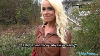 Public Agent Tattooed busty German blonde MILF fucked rock hard against a tree