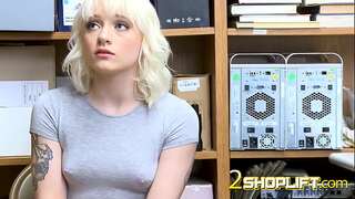 Skinny and delicate blonde shoplifter gets caught in the security office