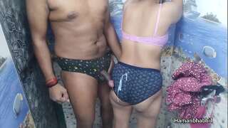 Indian Desi Bhabhi giving hottest handjob and her husband jism on her killer blue panty.