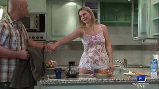 Naughty ash-blonde Samantha Jolie poked in her kitchen