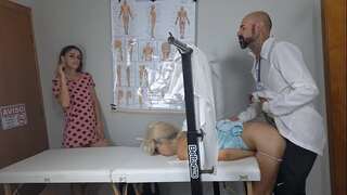 Stepmother accompanies stepdaughter for the first time to the fake gynecologist!