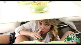 Sucking stepDaddy's Cock Under Table In Front Of StepMom Cali Sparks POV