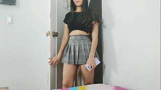 Very steaming daughter dressed as a shows her skirt to her stepdad and ends up lying on his bed