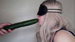 Blindfolded dumb friend's wifey tricked into sucking my dick and swallowing jism with the taste game.