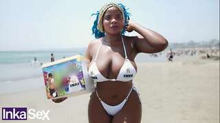 Angela Colombian ebony Latina with huge ass and big tits is caught on the beach by a young milky dude with a pink penis