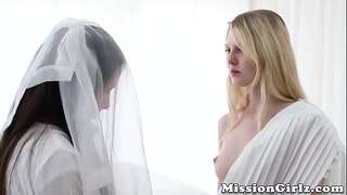 Distrustful Mormon teen slurped and played by a cute lezzy