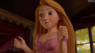 Rapunzel sees cock and attempts foot wank [Animation]