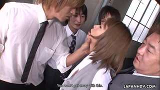Japanese office lady Sumire Matsu luvs gang sex with partners in the office uncensored.