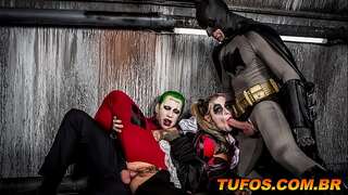 Harlequin is torn inbetween Batman and Joker... She determines to shag them both to decide which side she is on!