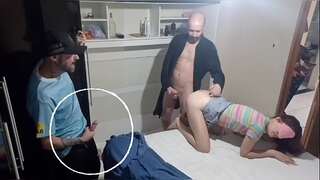 Prank with wifey eyes covered and buddy enters in the middle of sex, there was a buddy inwards the wardrobe