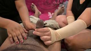 Threesome handjob blessed concluding man meat massage by 2 beautiful Indian girls