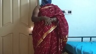 Desi  indian tamil telugu kannada malayalam hindi wild hotwife wifey vanitha dressed in virgin red colour saree showing big boobs and shaved pussy press hard boobs press nip rubbing pussy masturbation