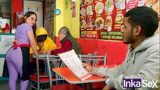 Mature white waitress screws black man for not paying for her food