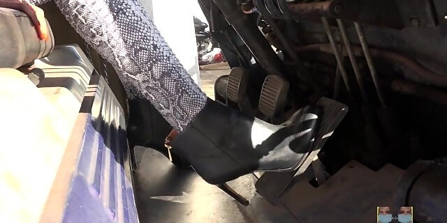 She climbs a forklift and Pedal Pumps in Sexy Tights with Boots