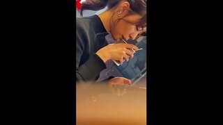 [The gal with a ponytail and luxurious neckline and legs] Sneak a glimpse inside her skirt when she gets on the train. She was ejaculated on her buttocks....