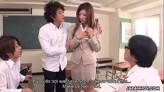 Naughty Japanese instructor deep-throating off her students