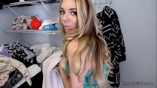 Natural busty teenie fucks at laundry