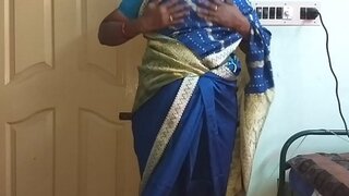 Des indian horny cuckold tamil telugu kannada malayalam hindi wife vanitha dressed in blue colour saree  showing big bra-stuffers and shaved vulva press hard orbs press nip rubbing pussy masturbation