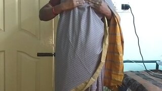 Desi  indian tamil telugu kannada malayalam hindi wild cheating wife vanitha wearing grey colour saree  flashing yam-sized boobs and clean-shaven pussy press rigid boobs press nip rubbing pussy masturbation